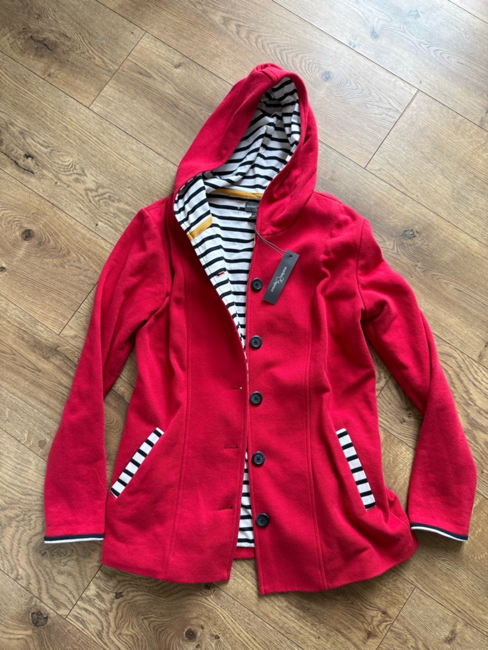 Market & Spruce Red Hooded Pea Coat with Striped Trim